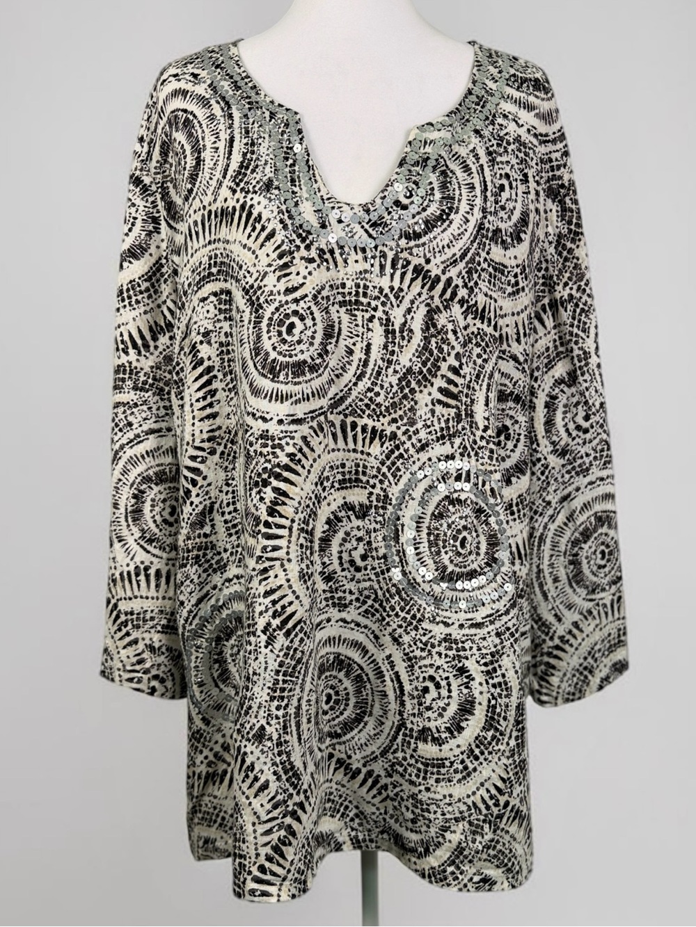 JM Collection Linen Brown & Cream Abstract Silver Sequenced Print Tunic size XL